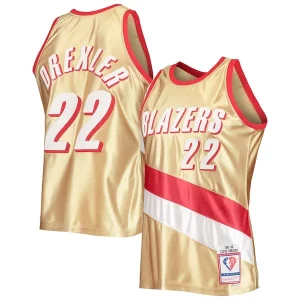 Estupendo Clyde Drexler Portland Trail Blazers 75th Anniversary 1991/92 Hardwood Classics Swingman Jersey Gold  para la gran final