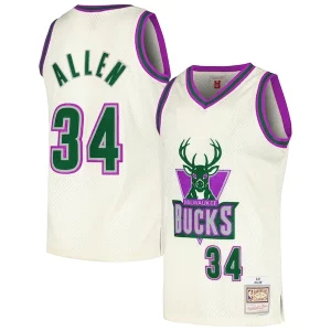 Bonito Único Ray Allen Milwaukee Bucks Chainstitch Swingman Jersey Cream  para la gran final
