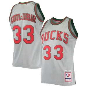 Cool Magnífico Kareem Abdul Jabbar Milwaukee Bucks 75th Anniversary 1971/72 Hardwood Classics Swingman Jersey Silver  para la gran final